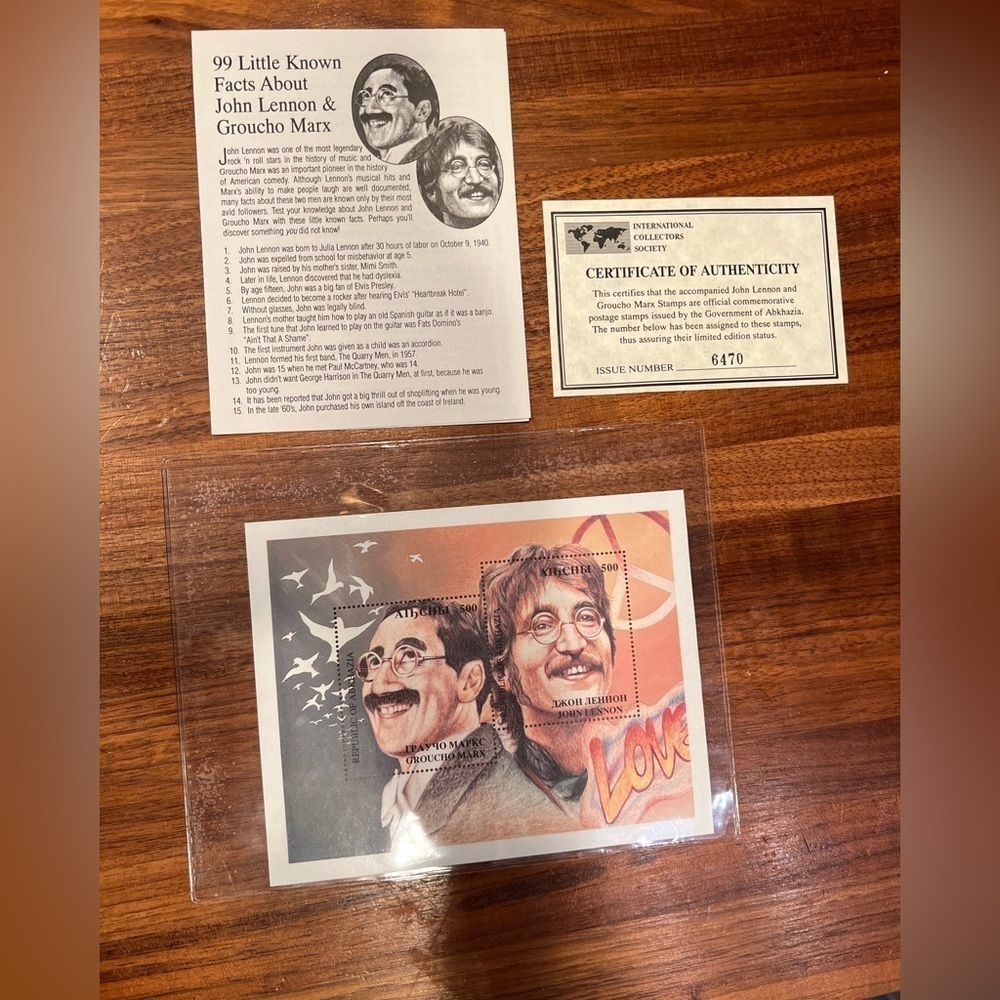 Stamp Collectors Groucho Marx and John Lennon  Abkhazia Stamp Sheet 1995